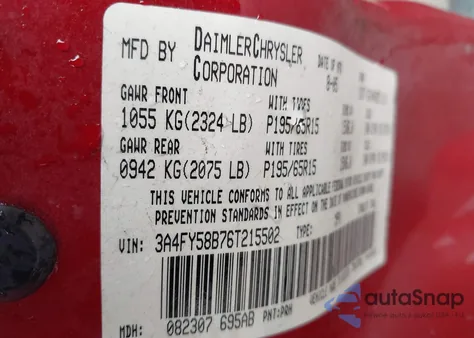 2006 Chrysler Pt Cruiser Touring из США, поврежденный, VIN 3A4FY58B76T215502